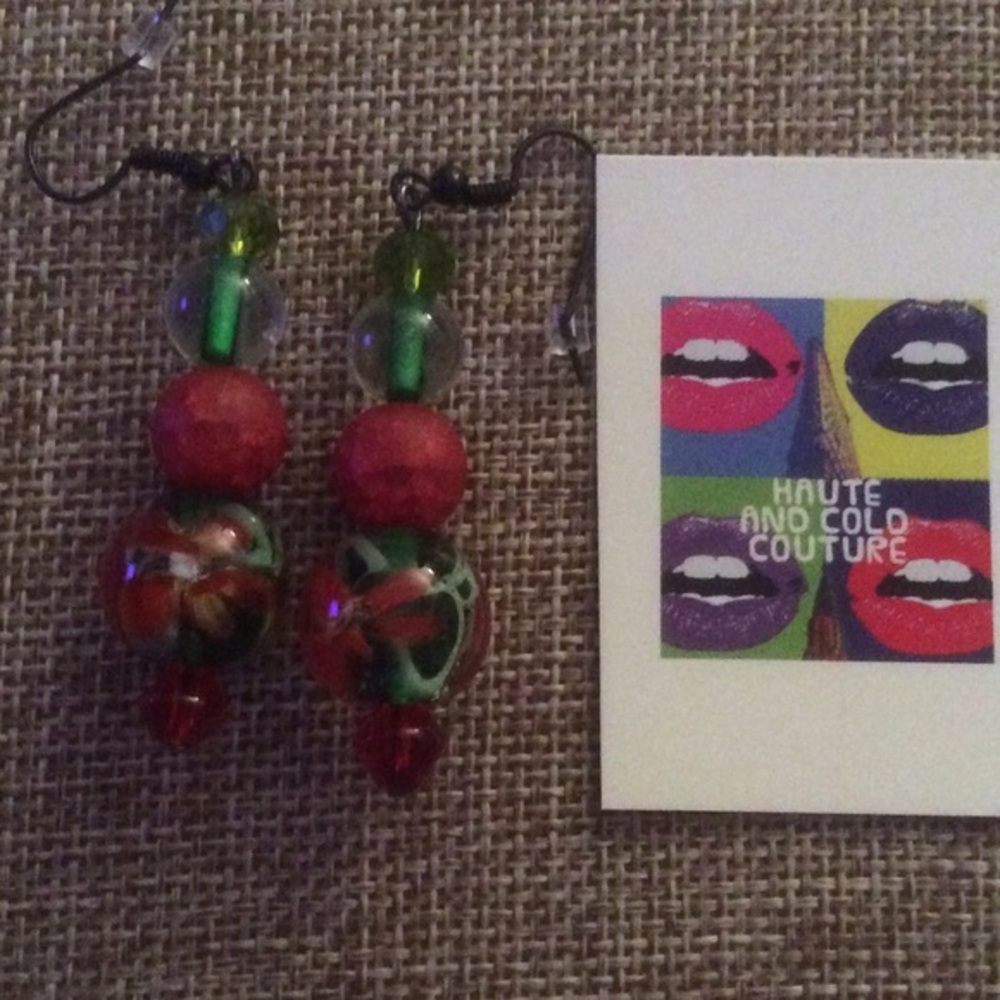 NEW Handmade Red & Green Floral Glass  Earrings